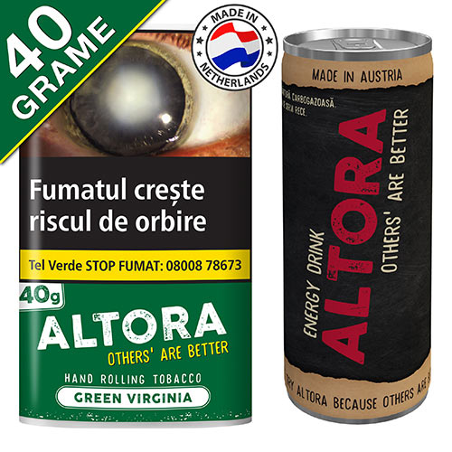 Oferta cu tutun pentru rulat Altora Green Virginia 40g, bautura energizanta Altora si door hanger Altora Alien Invasion